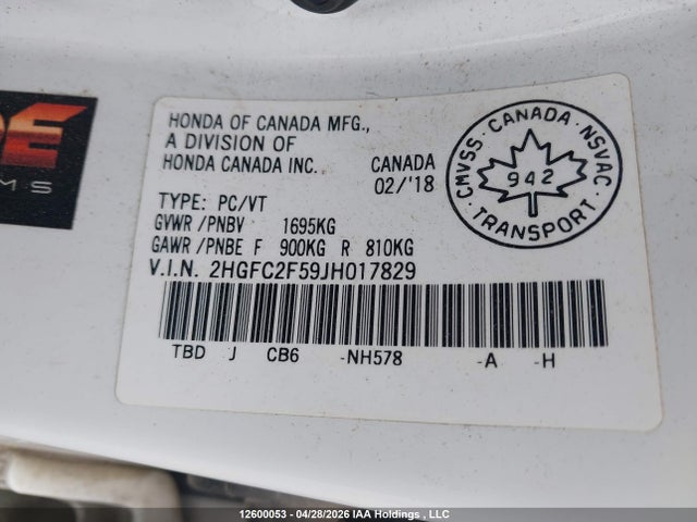 Продаж на аукціоні авто 2018 Honda Civic Lx, vin: 2HGFC2F59JH017829, номер лоту: 12600053