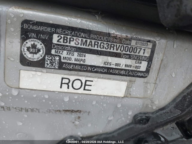 Продаж на аукціоні авто 2024 Skidoo Skidoo., vin: 2BPSMARG3RV000071, номер лоту: 12600061