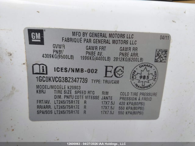 Продаж на аукціоні авто 2011 Chevrolet Silverado K2500 Heavy Duty, vin: 1GC0KVCG3BZ347739, номер лоту: 12600063