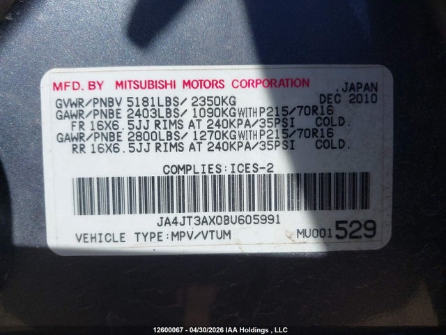 Aukcja sprzedaży 2011 Mitsubishi Outlander Ls, vin: JA4JT3AX0BU605991, numer aukcji: 12600067