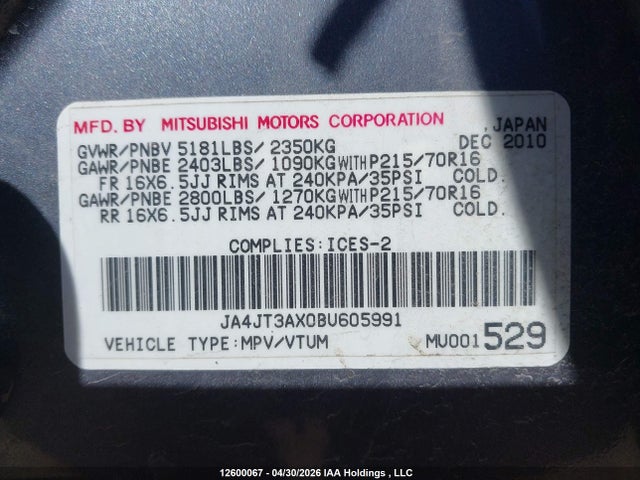 Aukcja sprzedaży 2011 Mitsubishi Outlander Ls, vin: JA4JT3AX0BU605991, numer aukcji: 12600067