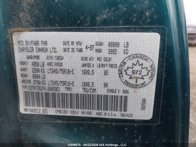 12596678 :رقم المزاد ، 1B7KF26Z4VJ609361 vin ، 1997 Dodge Power Ram 2500 Lt مزاد بيع