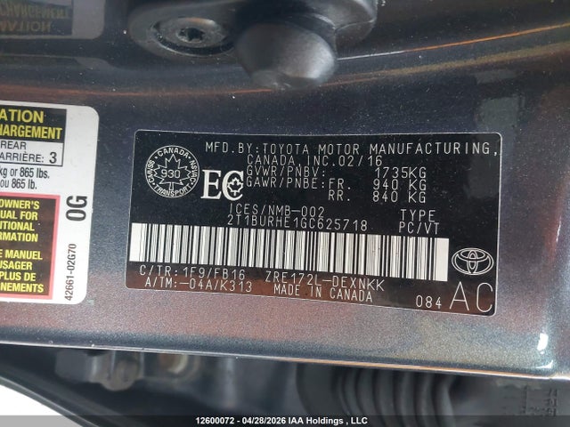 2T1BURHE1GC625718 Toyota Corolla L/le/le Pls/prm/s/s Pls