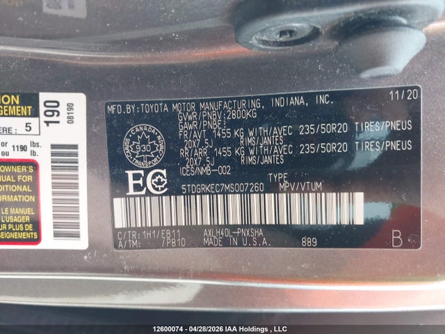 12600074 :رقم المزاد ، 5TDGRKEC7MS007260 vin ، 2021 Toyota Sienna Le/xle/xse/limited/platinum مزاد بيع