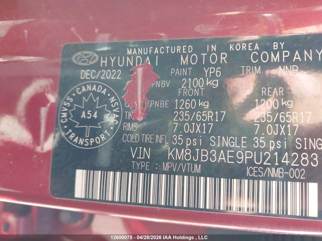 KM8JB3AE9PU214283 Hyundai TUCSON SEL