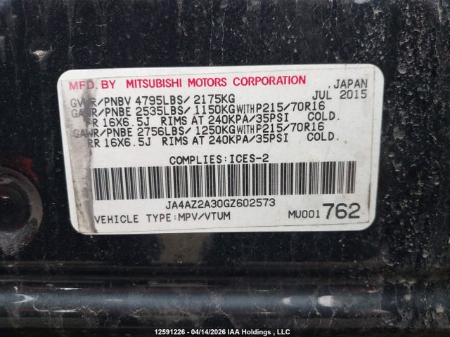 Продажа на аукционе авто 2016 Mitsubishi Outlander Es, vin: JA4AZ2A30GZ602573, номер лота: 12591226