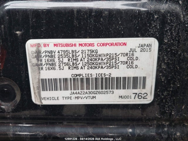 Продажа на аукционе авто 2016 Mitsubishi Outlander Es, vin: JA4AZ2A30GZ602573, номер лота: 12591226
