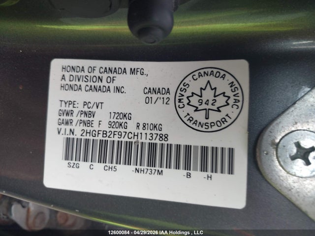 Aukcja sprzedaży 2012 Honda Civic, vin: 2HGFB2F97CH113788, numer aukcji: 12600084