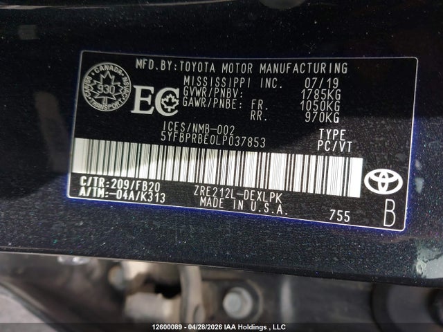 5YFBPRBE0LP037853 Toyota COROLLA LE