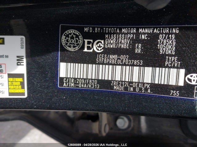 5YFBPRBE0LP037853 Toyota COROLLA LE