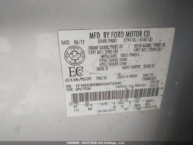 12600090 :رقم المزاد ، 1FM5K8D86DGA72540 vin ، 2013 Ford Explorer Xlt مزاد بيع