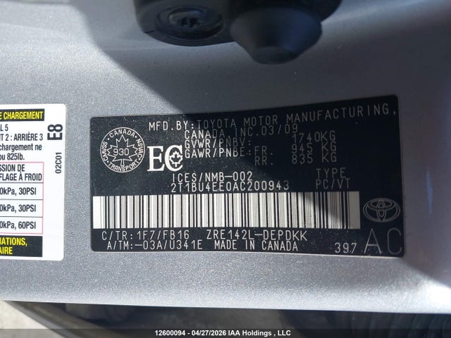 2010 Toyota Corolla S/le/xle მანქანა იყიდება აუქციონზე, vin: 2T1BU4EE0AC200943, აუქციონის ნომერი: 12600094