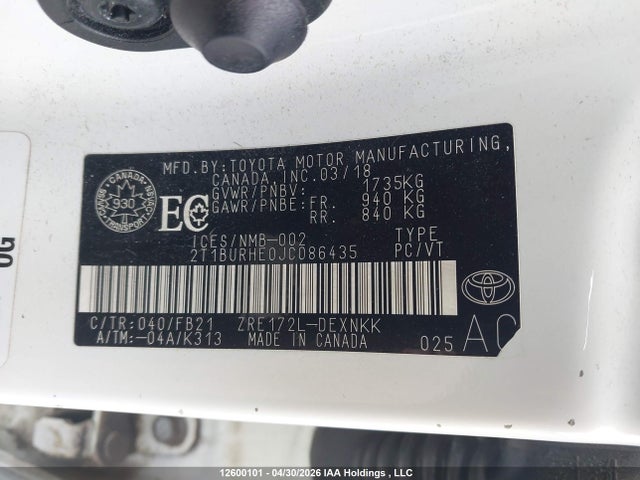 12600101 :رقم المزاد ، 2T1BURHE0JC086435 vin ، 2018 Toyota Corolla مزاد بيع