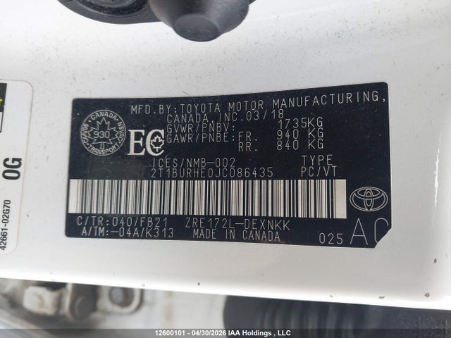 12600101 :رقم المزاد ، 2T1BURHE0JC086435 vin ، 2018 Toyota Corolla مزاد بيع