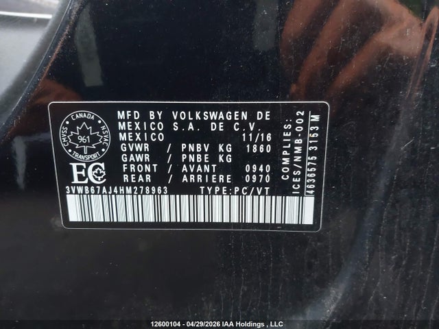 12600104 :رقم المزاد ، 3VWB67AJ4HM278963 vin ، 2017 Volkswagen Jetta Se مزاد بيع