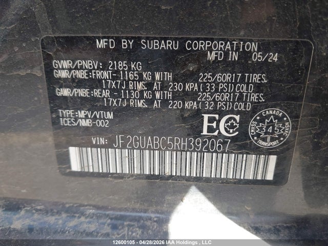 Продаж на аукціоні авто 2024 Subaru Crosstrek Convenience, vin: JF2GUABC5RH392067, номер лоту: 12600105