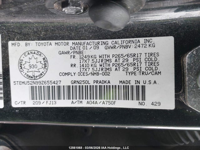 12561068 :رقم المزاد ، 5TEMU52N99Z655427 vin ، 2009 Toyota Tacoma Double Cab Long Bed مزاد بيع