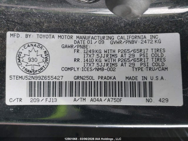 12561068 :رقم المزاد ، 5TEMU52N99Z655427 vin ، 2009 Toyota Tacoma Double Cab Long Bed مزاد بيع