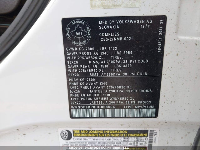 Aukcja sprzedaży 2012 Volkswagen Touareg V6, vin: WVGDF9BP0CD006694, numer aukcji: 12600106