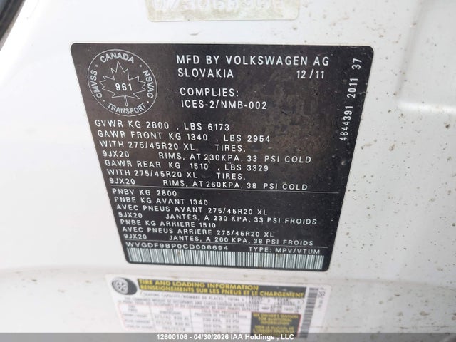 Aukcja sprzedaży 2012 Volkswagen Touareg V6, vin: WVGDF9BP0CD006694, numer aukcji: 12600106