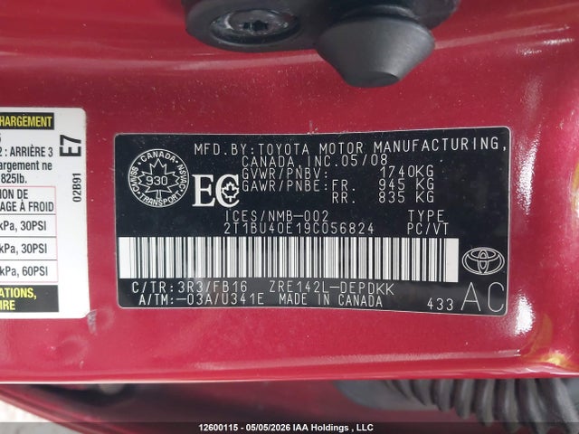 12600115 :رقم المزاد ، 2T1BU40E19C056824 vin ، 2009 Toyota Corolla S/le/xle مزاد بيع