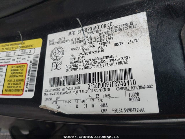 2015 Ford Fusion Titanium მანქანა იყიდება აუქციონზე, vin: 3FA6P0D91FR246410, აუქციონის ნომერი: 12600117
