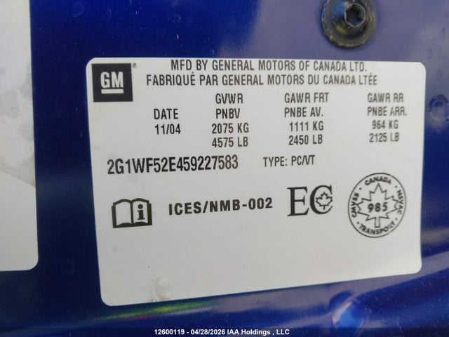 2005 Chevrolet Impala მანქანა იყიდება აუქციონზე, vin: 2G1WF52E459227583, აუქციონის ნომერი: 12600119