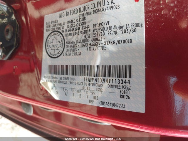 Продажа на аукционе авто 2004 Ford Mustang Gt, vin: 1FAFP45X94F113344, номер лота: 12600121