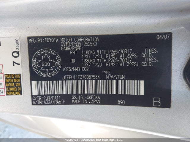 Продаж на аукціоні авто 2007 Toyota Fj Cruiser, vin: JTEBU11F370087534, номер лоту: 12600123