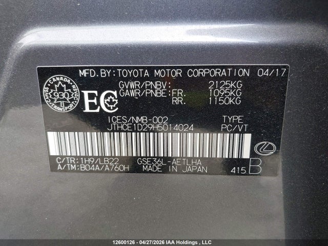 Aukcja sprzedaży 2017 Lexus Is 350, vin: JTHCE1D29H5014024, numer aukcji: 12600126