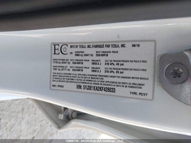 Aukcja sprzedaży 2019 Tesla Model 3 Long Range/mid Range/standard Range/standard Range Plus, vin: 5YJ3E1EA2KF428033, numer aukcji: 12600130