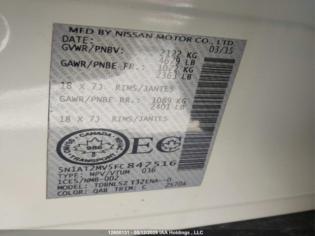 12600131 :رقم المزاد ، 5N1AT2MV5FC847516 vin ، 2015 Nissan Rogue S/sl/sv مزاد بيع