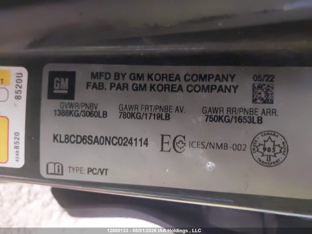 Продаж на аукціоні авто 2022 Chevrolet Spark 1lt Cvt, vin: KL8CD6SA0NC024114, номер лоту: 12600133