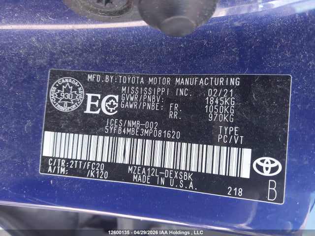 12600135 :رقم المزاد ، 5YFB4MBE3MP081620 vin ، 2021 Toyota Corolla Se مزاد بيع