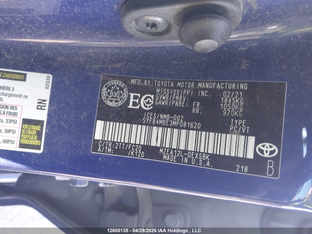 12600135 :رقم المزاد ، 5YFB4MBE3MP081620 vin ، 2021 Toyota Corolla Se مزاد بيع