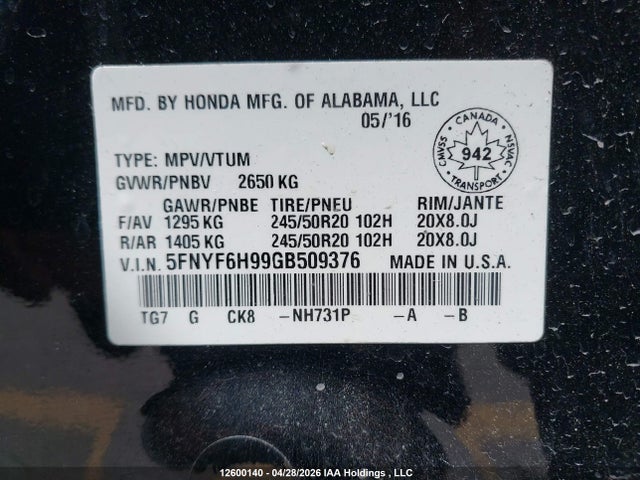 5FNYF6H99GB509376 Honda Pilot Touring