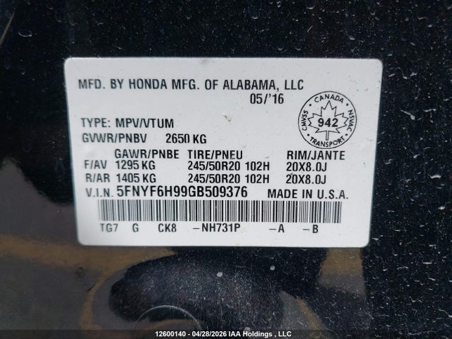 5FNYF6H99GB509376 Honda Pilot Touring