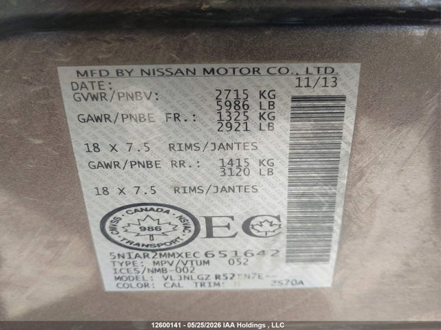 5N1AR2MMXEC651642 Nissan Pathfinder S/sv/sl/platinum