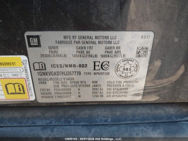 Aukcja sprzedaży 2017 Chevrolet Traverse 1lt, vin: 1GNKVGKD7HJ267779, numer aukcji: 12600153