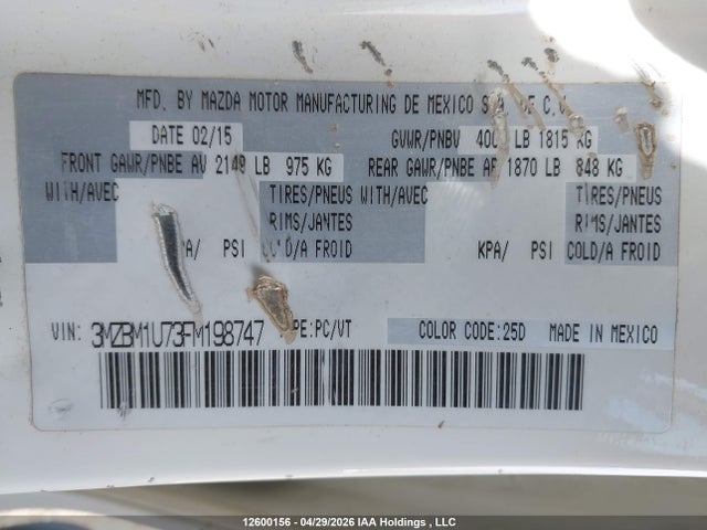 3MZBM1U73FM198747 Mazda Mazda3 Gx
