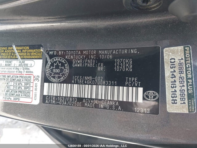 12600159 :رقم المزاد ، 4T1BE46K07U083311 vin ، 2007 Toyota Camry Le/se مزاد بيع