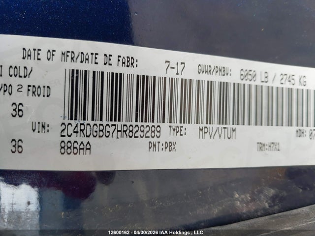 Aukcja sprzedaży 2017 Dodge Grand Caravan Se, vin: 2C4RDGBG7HR829289, numer aukcji: 12600162