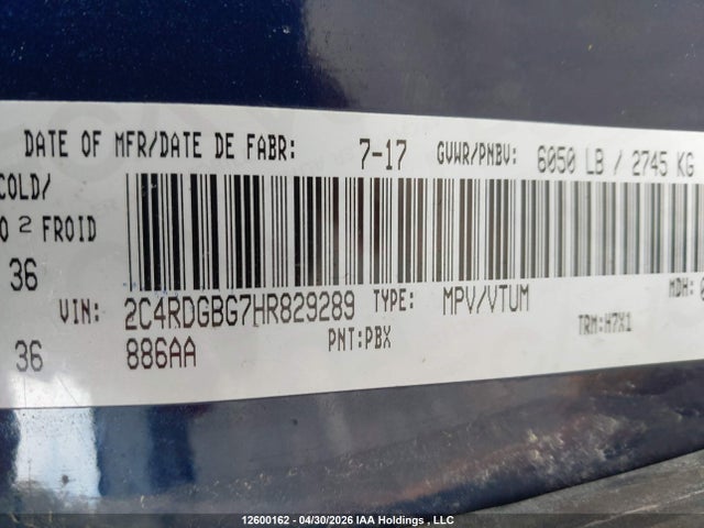 Aukcja sprzedaży 2017 Dodge Grand Caravan Se, vin: 2C4RDGBG7HR829289, numer aukcji: 12600162