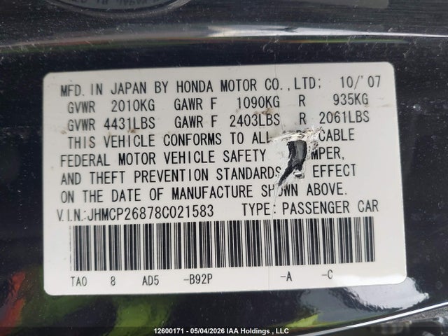 Продаж на аукціоні авто 2008 Honda Accord Exl, vin: JHMCP26878C021583, номер лоту: 12600171
