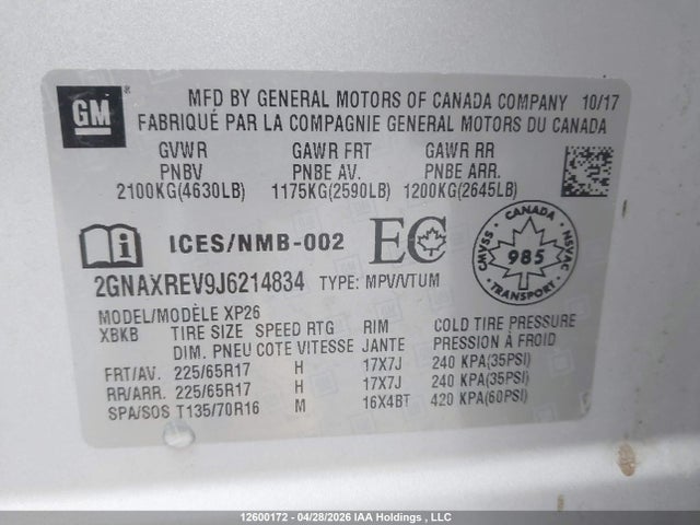 2018 Chevrolet Equinox Ls მანქანა იყიდება აუქციონზე, vin: 2GNAXREV9J6214834, აუქციონის ნომერი: 12600172