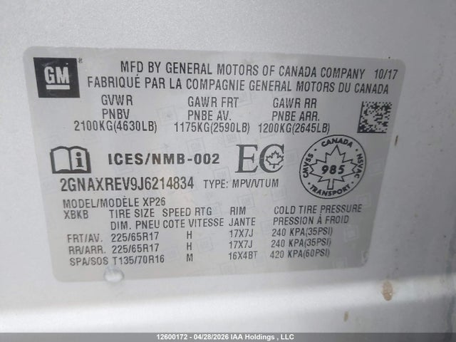 2018 Chevrolet Equinox Ls მანქანა იყიდება აუქციონზე, vin: 2GNAXREV9J6214834, აუქციონის ნომერი: 12600172