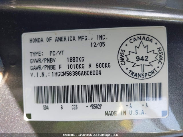 Aukcja sprzedaży 2006 Honda Accord Se, vin: 1HGCM56396A806004, numer aukcji: 12600180