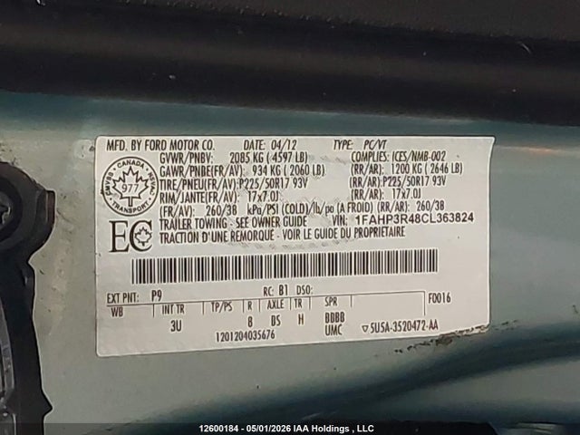 12600184 :رقم المزاد ، 1FAHP3R48CL363824 vin ، 2012 Ford Focus Electric مزاد بيع