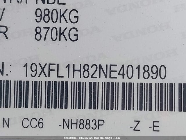 Продажа на аукционе авто 2022 Honda Civic Sport/sport Touring, vin: 19XFL1H82NE401890, номер лота: 12600186
