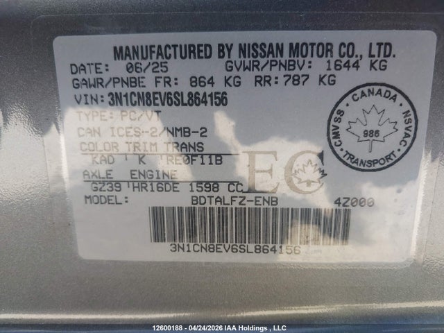3N1CN8EV6SL864156 Nissan VERSA SV
